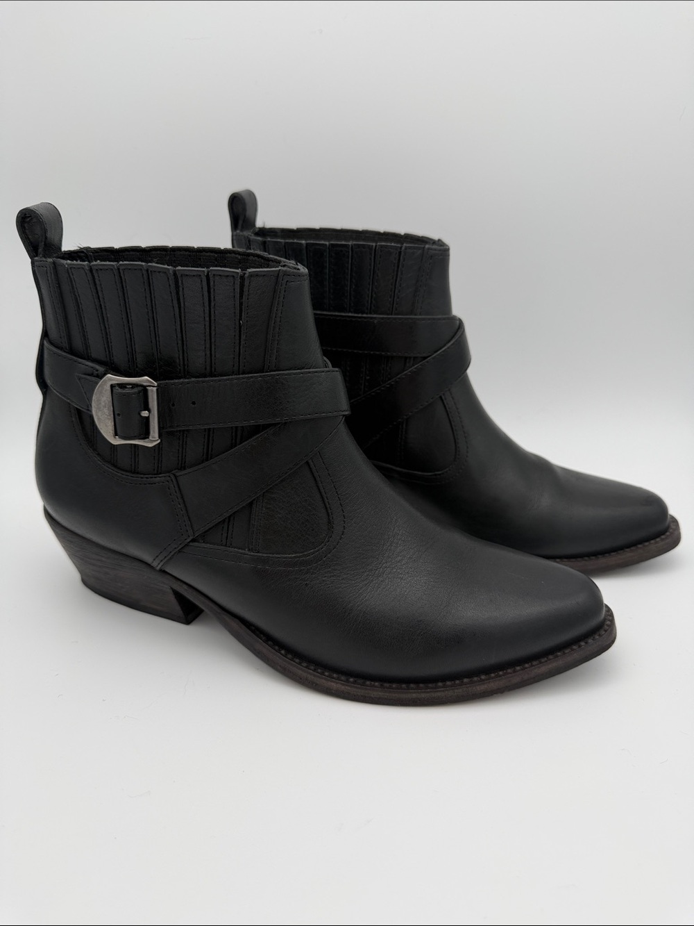 All Saints Western Style Ankle Booties Black Leather Boots Belt Sz 8 Pointed Toe - Picture 1 of 16